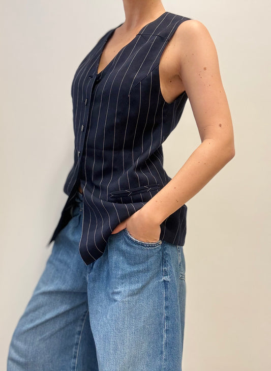 Vintage Marineblauw Gestreept Gilet