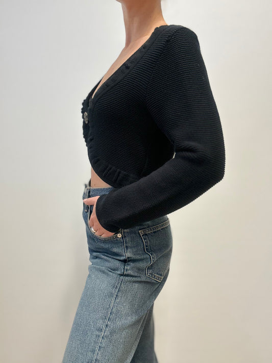 Vintage Zwarte Cropped Gebreide Cardigan met Sierknoop