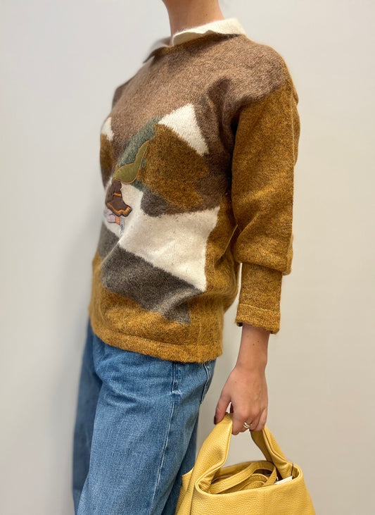 Vintage Trui met Patchwork & Geborduurd Detail