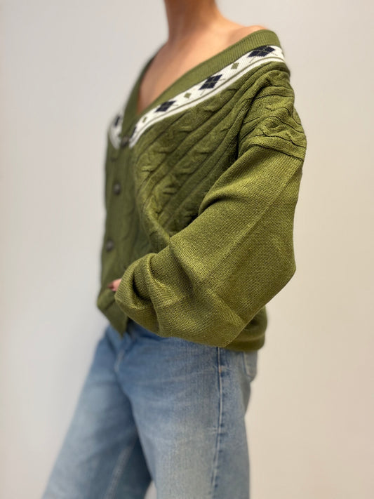 Vintage Olijfgroene Kabeltrui Cardigan met Ruitdetail