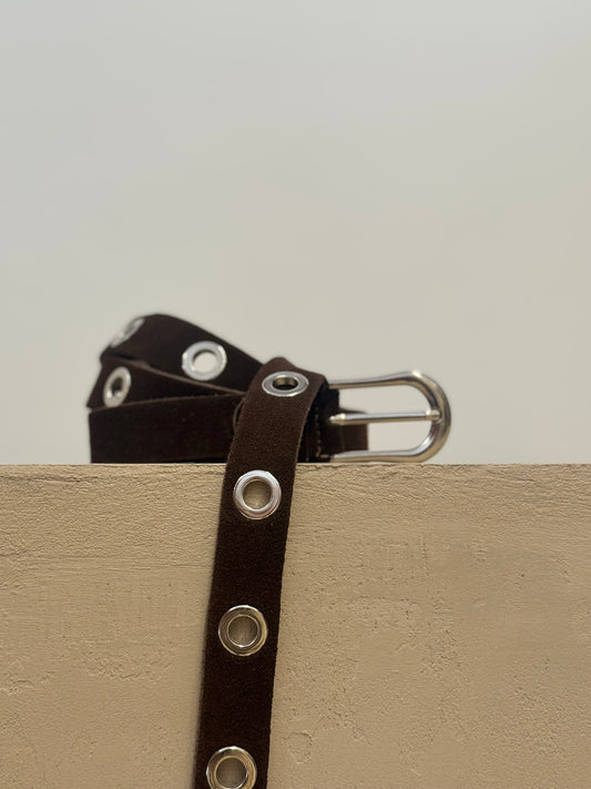 Dark Brown Suede Belt with silver Eyelets