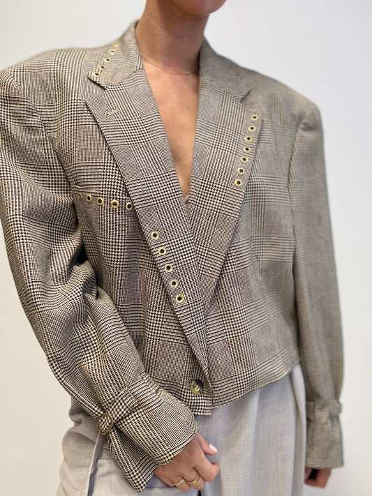 Checked Cropped Blazer with Gold Eyelets – Upcycled by Yenvi Studio
