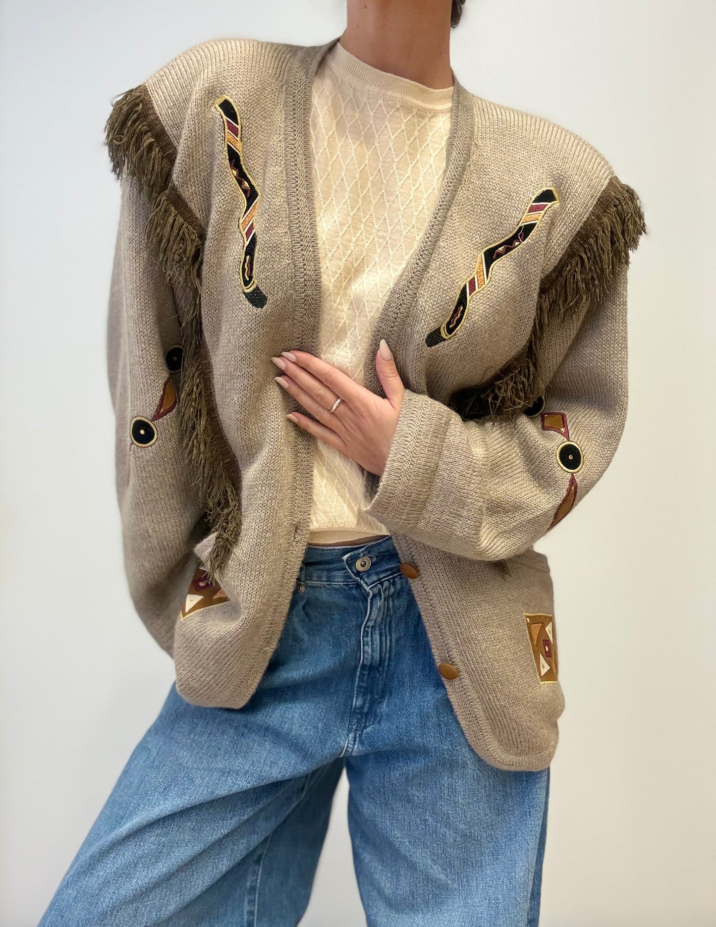 Vintage Italian Mohair Cardigan with Fringe & Embroidery