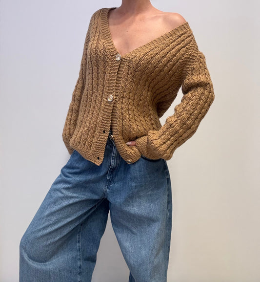 Vintage Cable Knit Cardigan in Caramel Brown