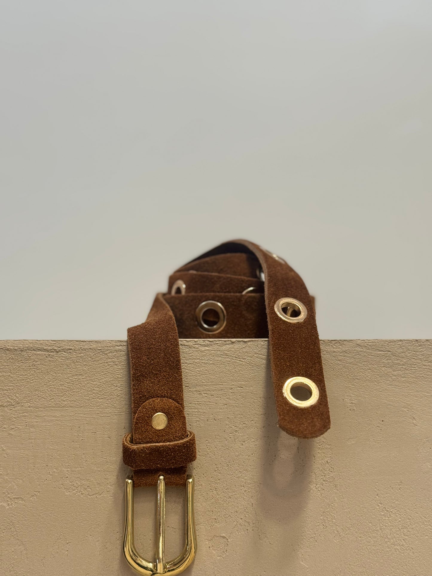 Camel Suede Belt with gold Eyelets