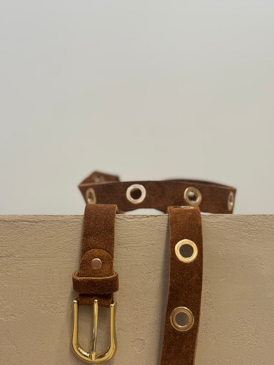 Camel Suede Belt with gold Eyelets