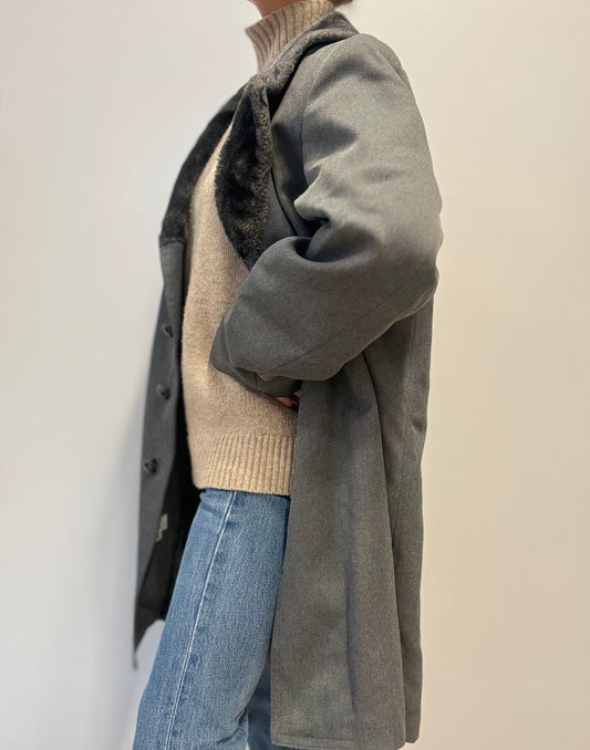 Vintage London Fog Wolmantel met Imitatiebontkraag in Antracietgrijs