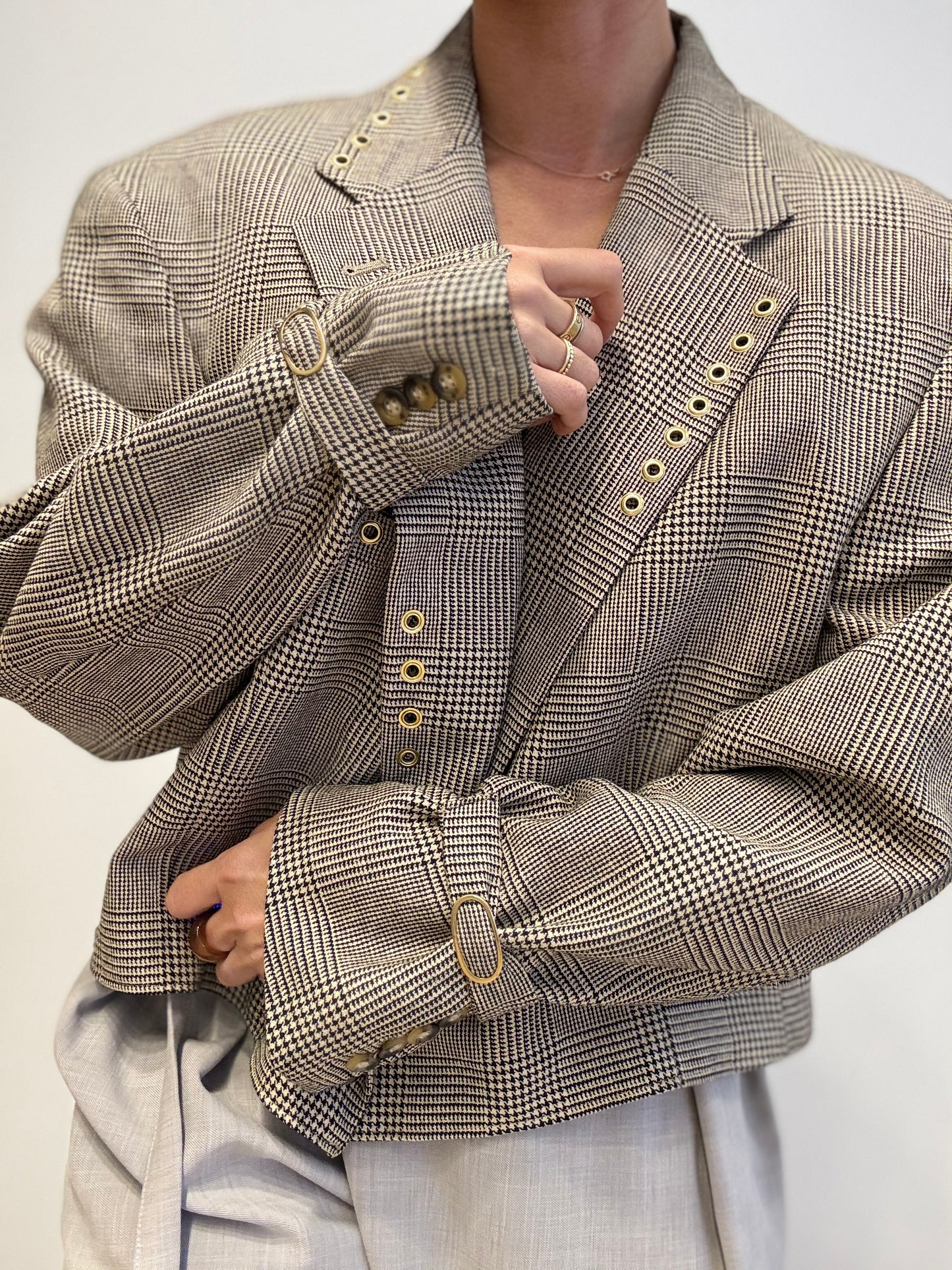 Checked Cropped Blazer with Gold Eyelets – Upcycled by Yenvi Studio