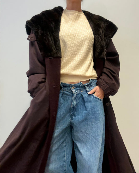Vintage Maxi Coat with Fur Collar in Burgendy