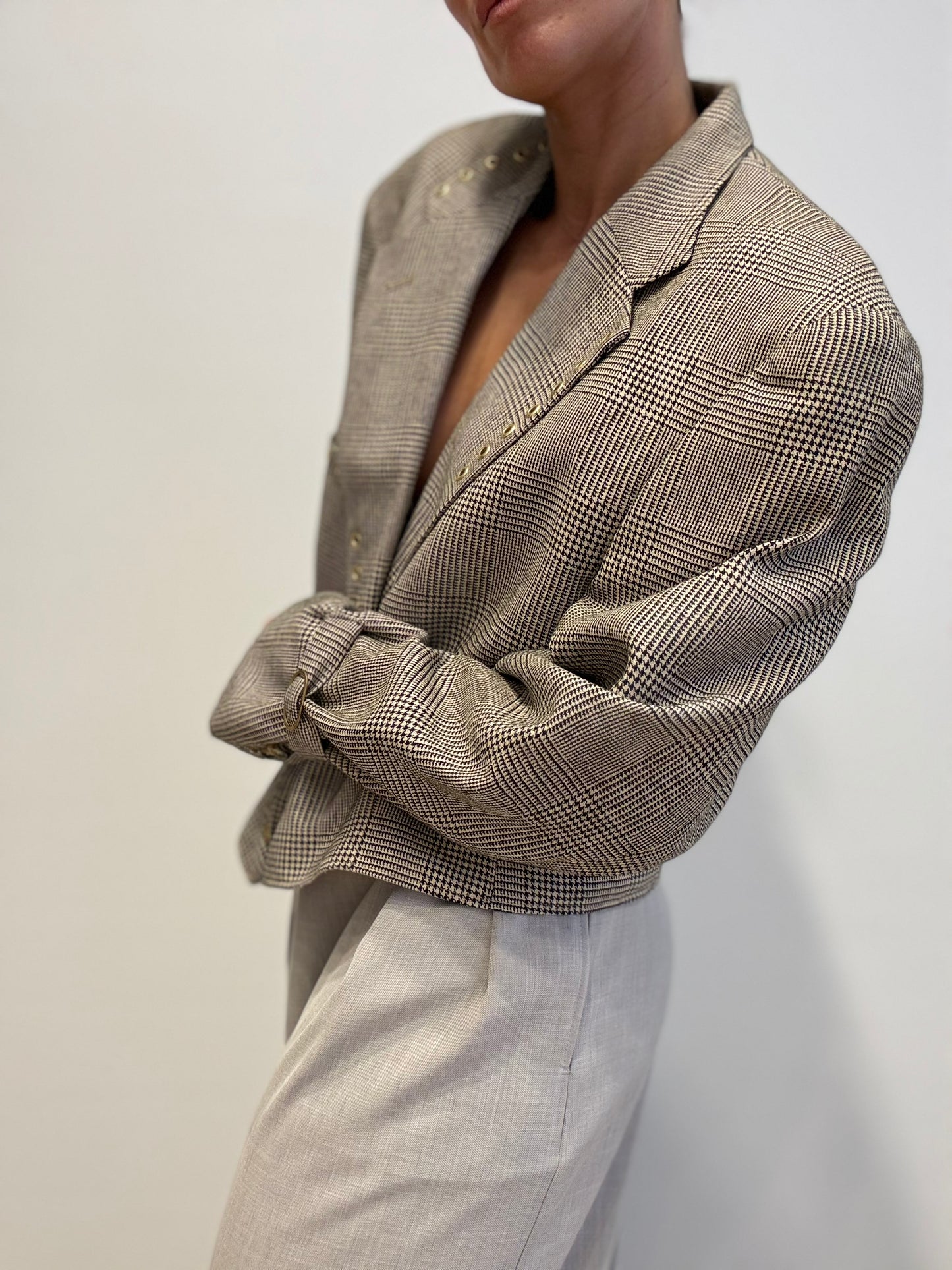 Checked Cropped Blazer with Gold Eyelets – Upcycled by Yenvi Studio