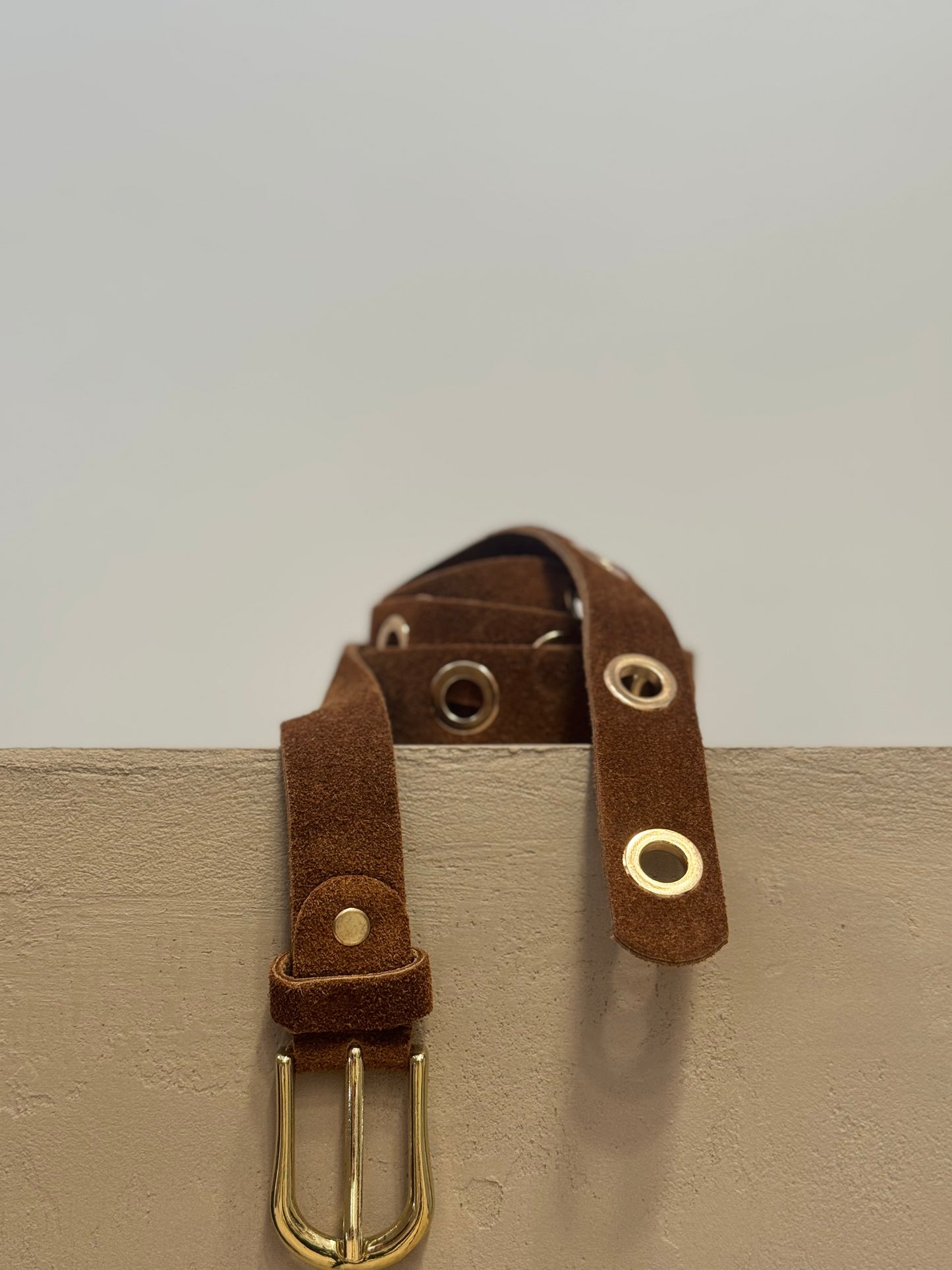 Camel Suede Belt with gold Eyelets