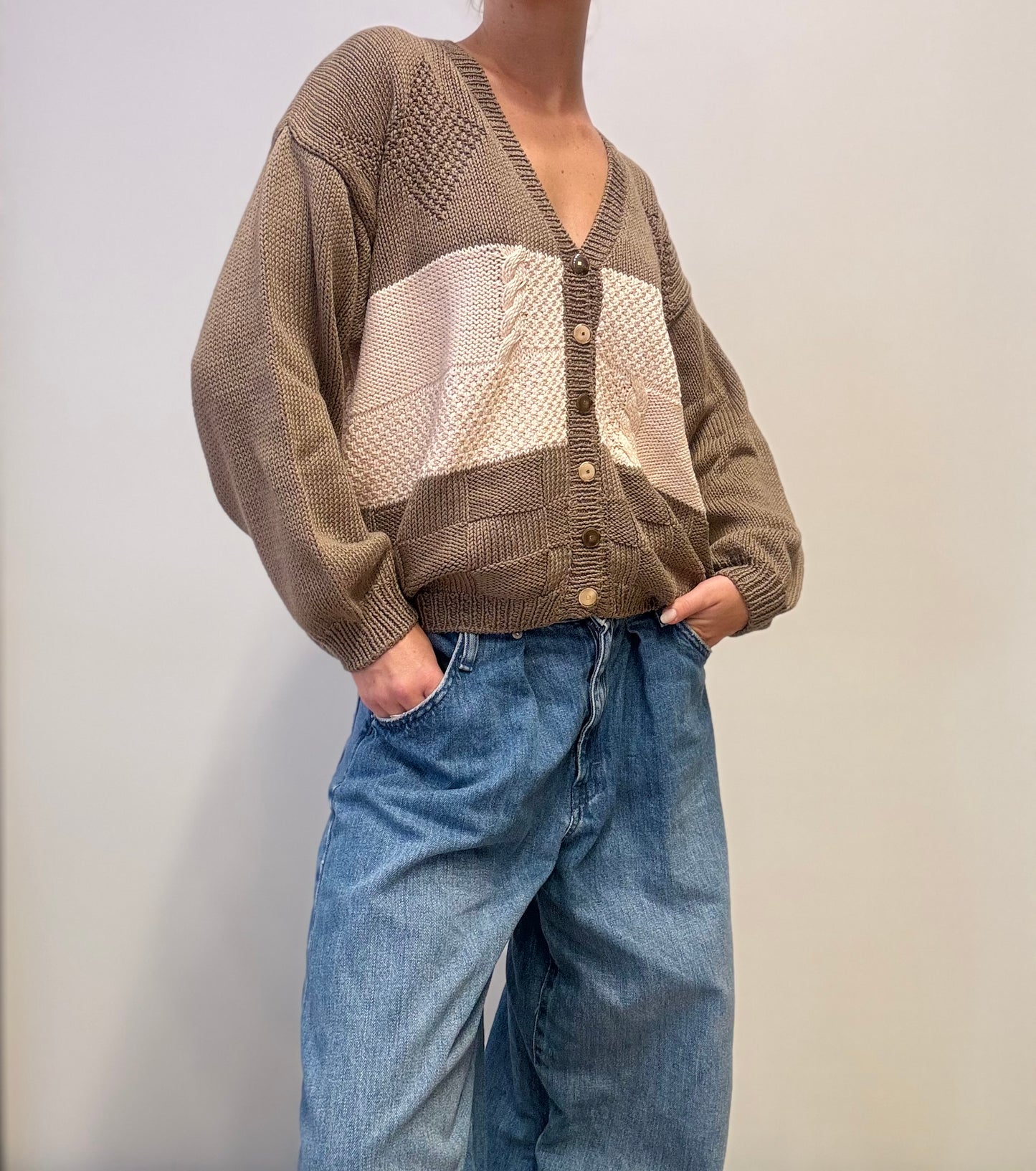 Vintage Gebreide Patchwork Cardigan in Aardetinten