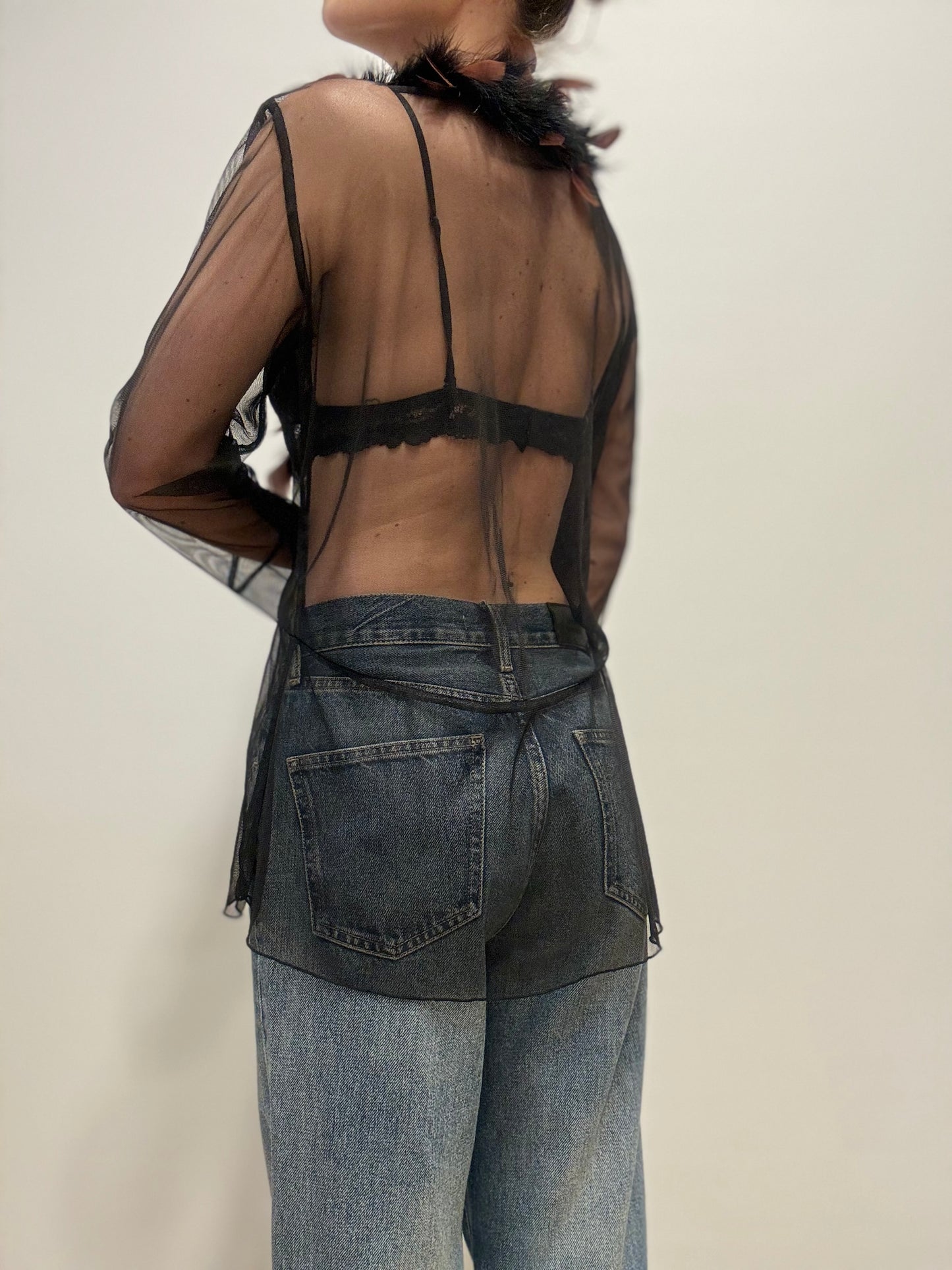 Vintage Sheer Tulle Blouse with Feather Trim in Black