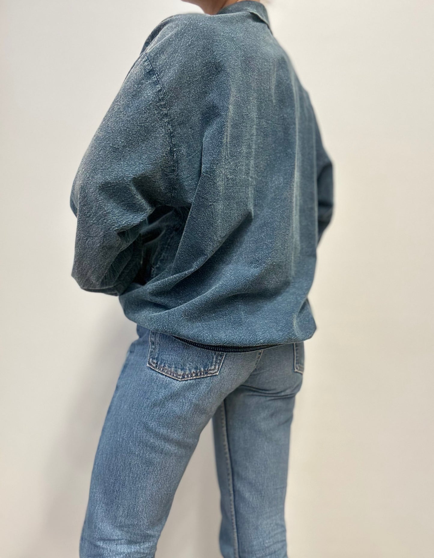 Vintage 80s Denim Look Pullover Shirt with Embroidered Detail