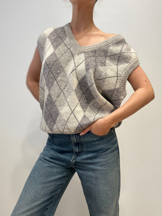 Vintage Argyle Sweater Vest in Grey & Cream