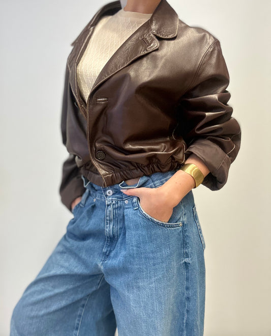 Vintage Cropped Leather Jacket in Dark Brown