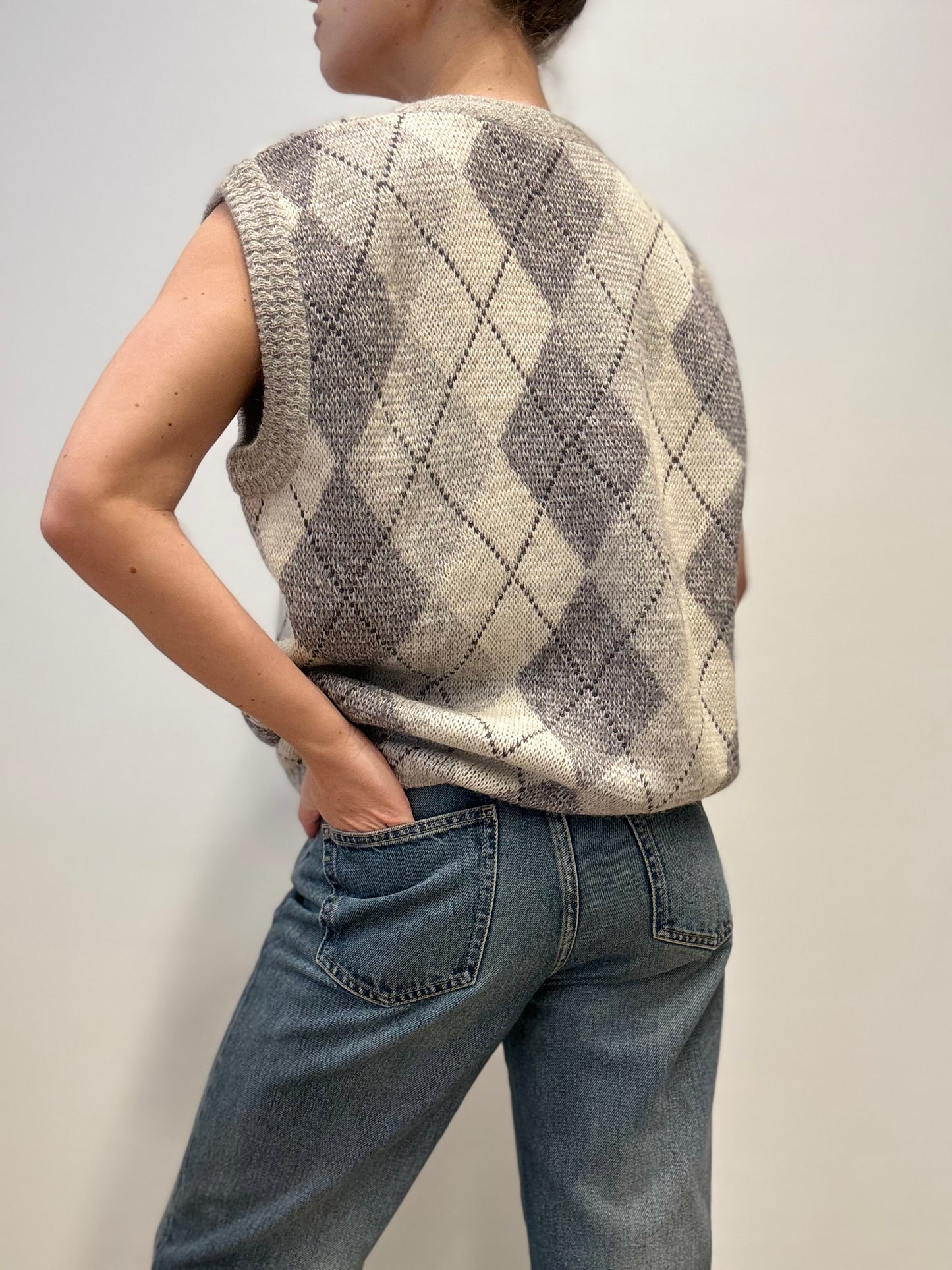 Vintage Geruite Alpaca-Wollen Gebreide Spencertop in Grijstinten