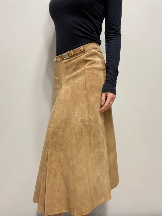 Vintage suède midi rok met decoratieve tailleband
