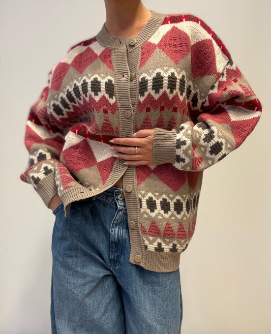 Vintage Geometric Knit Cardigan in Red & Taupe