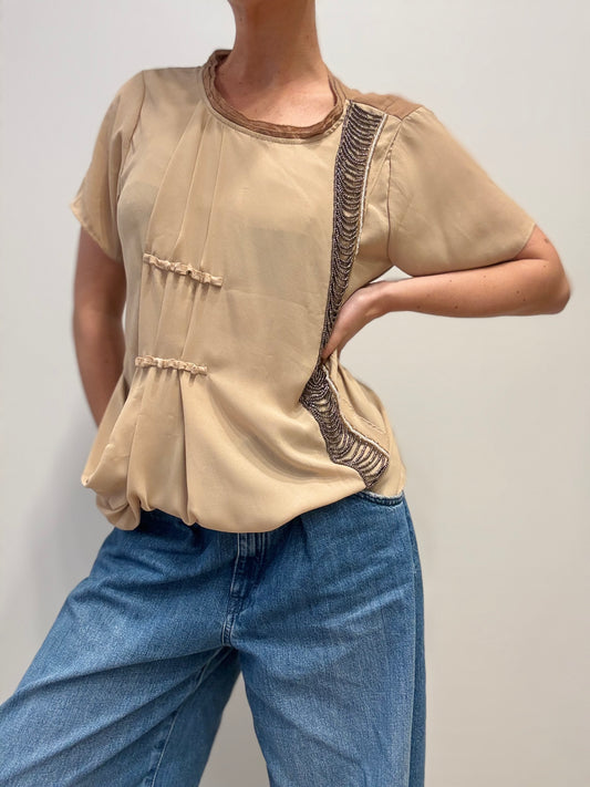 Vintage Blouse with Embroidered Detail in Beige