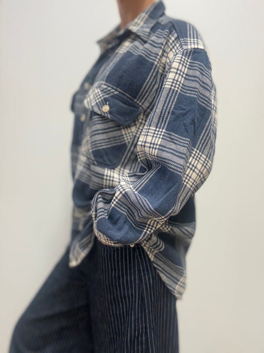 Oversized geruite flanellen blouse – blauw/crème