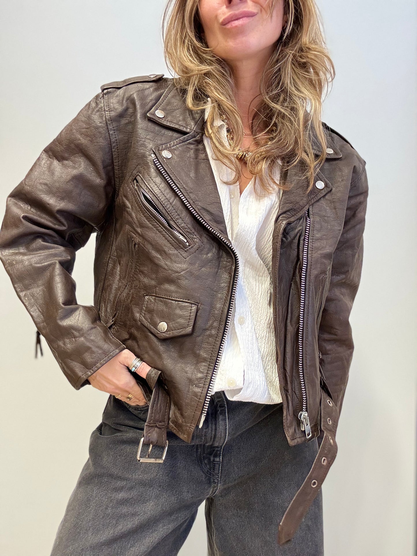 Vintage Brown Leather Biker Jacket – Belted with Silver Hardware