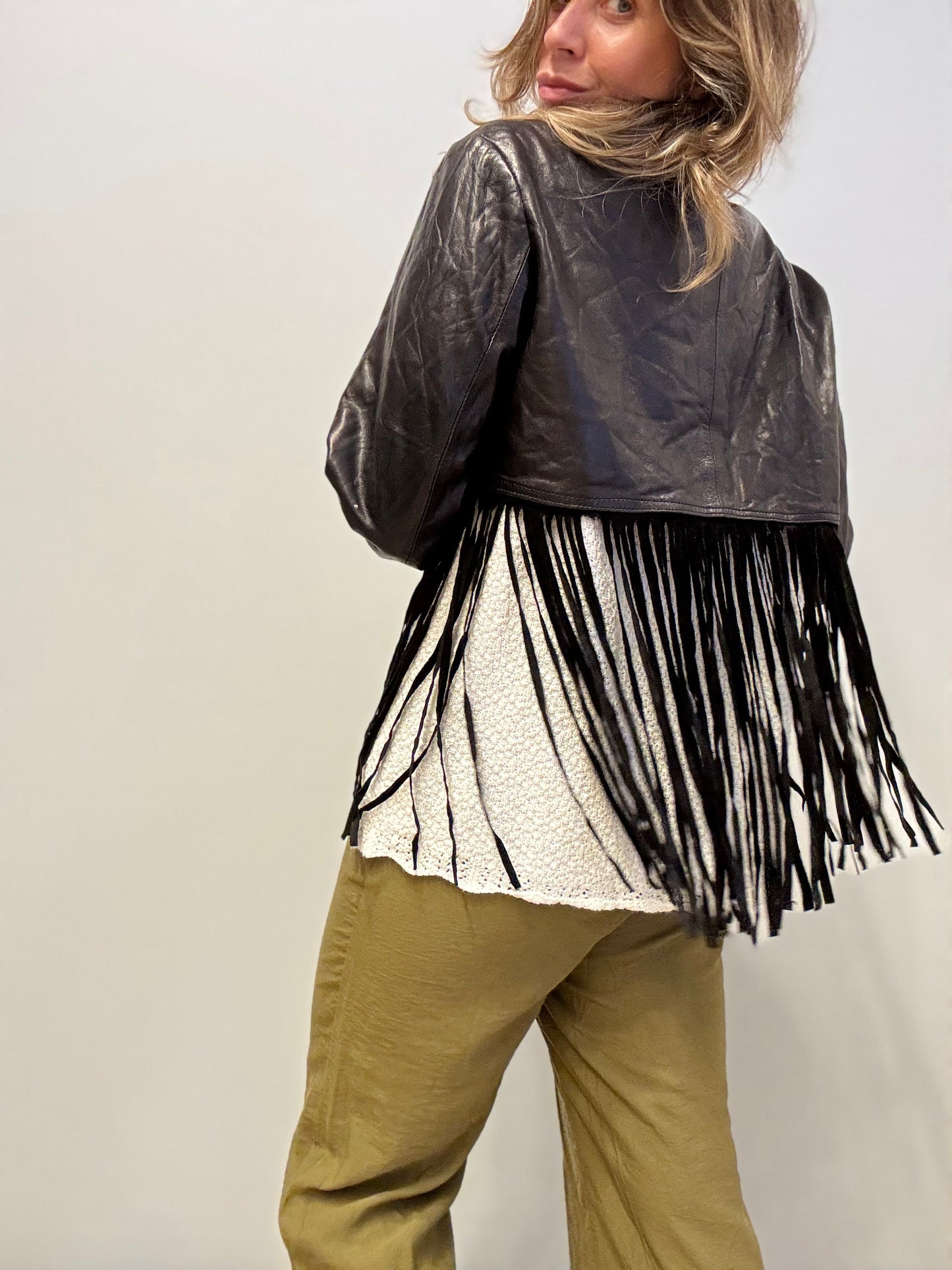Black cropped leather fringe jacket