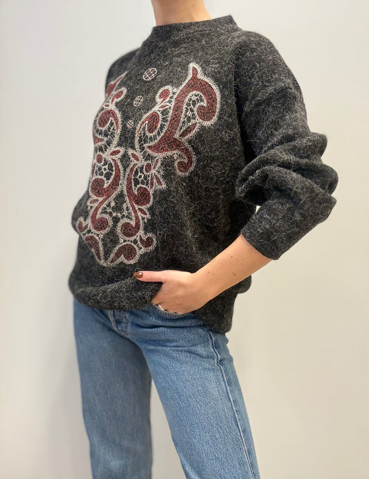 Vintage Embroidered Sweater in Charcoal
