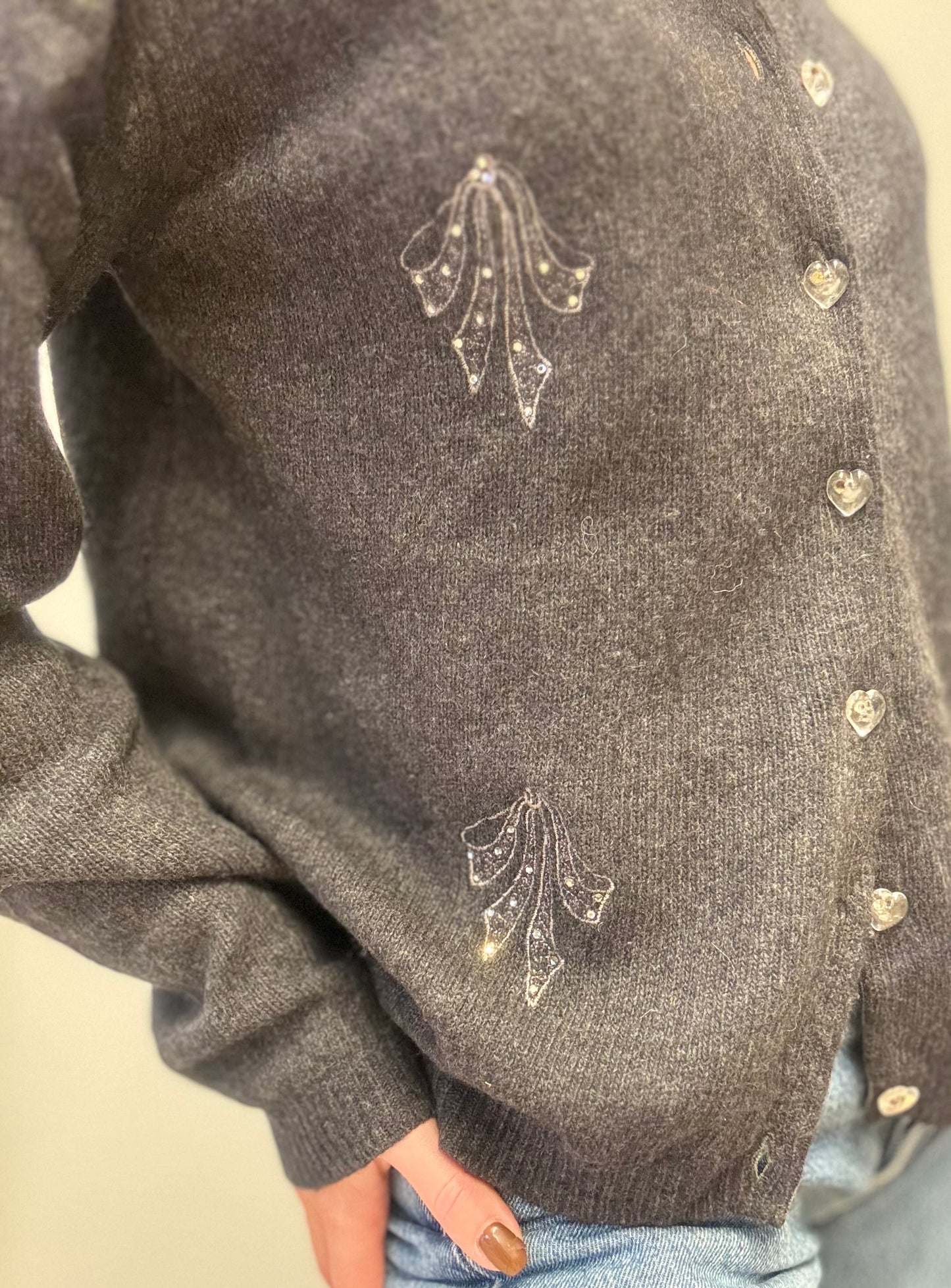 Vintage Wool-Blend Cardigan with Beaded Embellishments in Charcoal Grey
