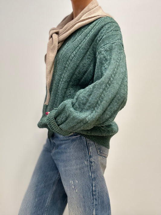 Groene Vintage Wollen Trui met V-hals