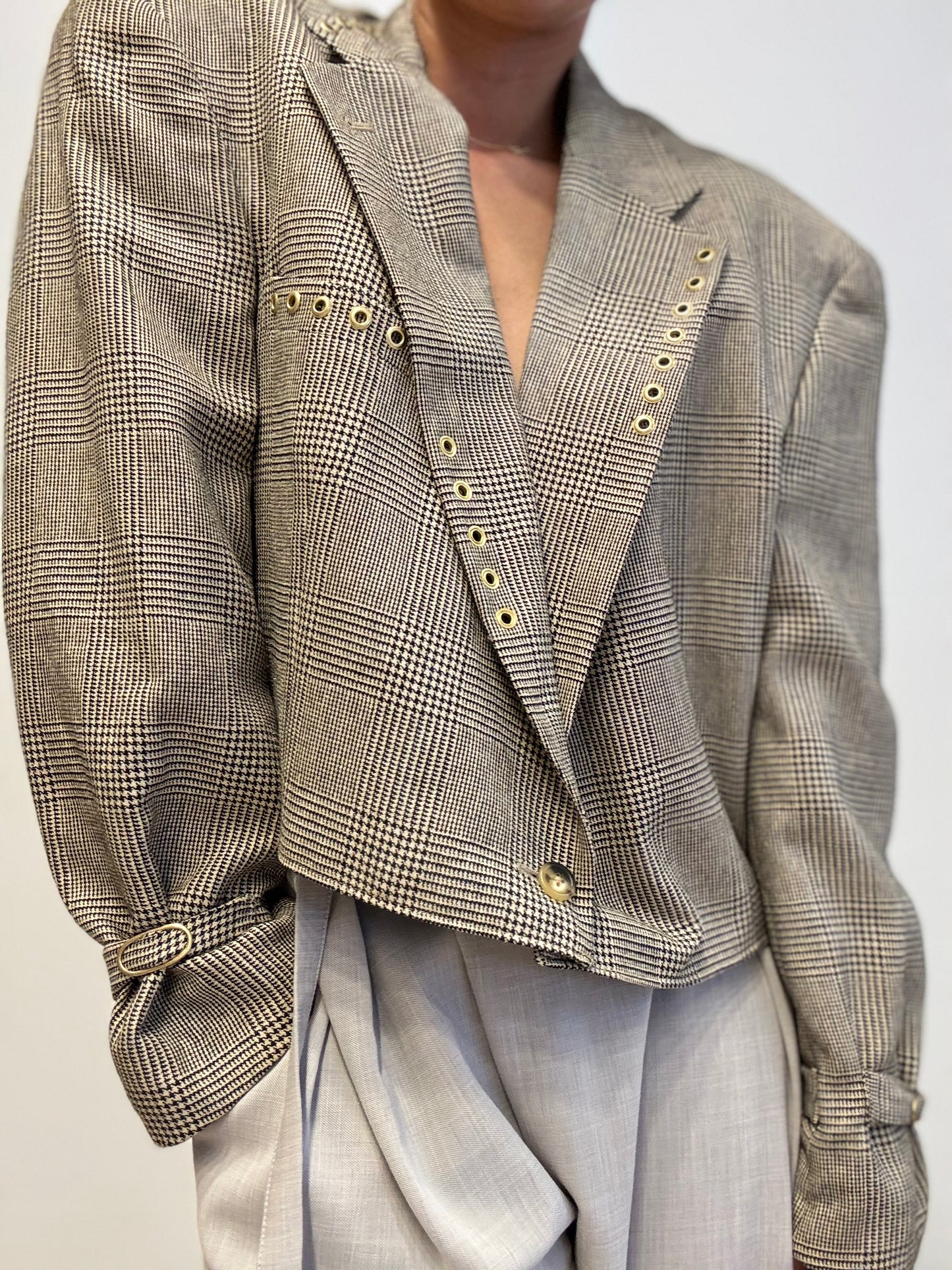 Checked Cropped Blazer with Gold Eyelets – Upcycled by Yenvi Studio
