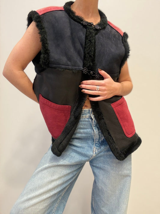 Vintage Shearling Gilet met Contrastpanelen