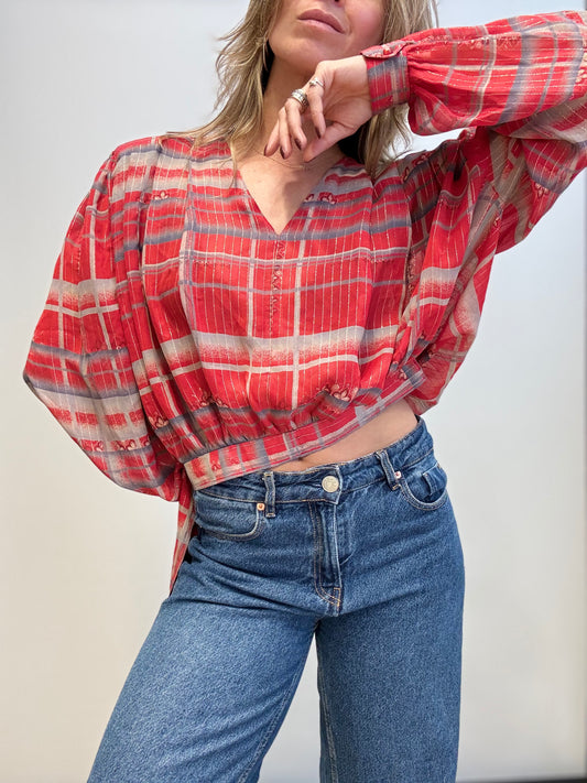 Vintage Red & Silver Blouse with Shoulder Pads