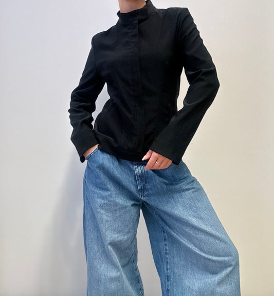 Vintage Minimalist Black Jacket with Stand Collar