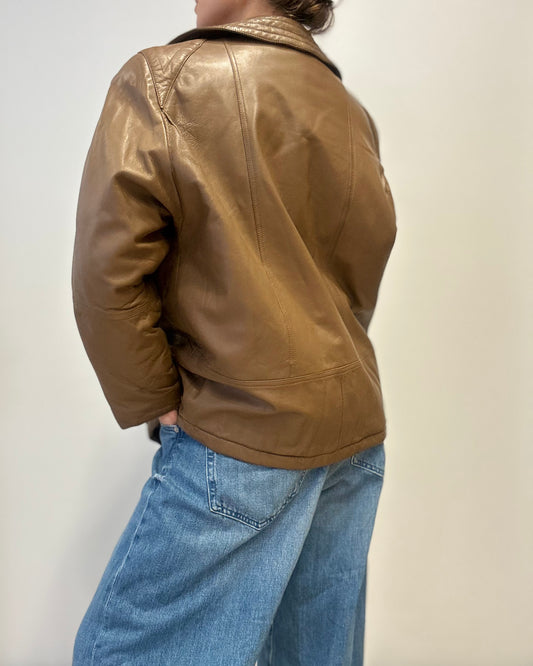 Vintage Leather Jacket with Quilted Collar in Taupe Brown