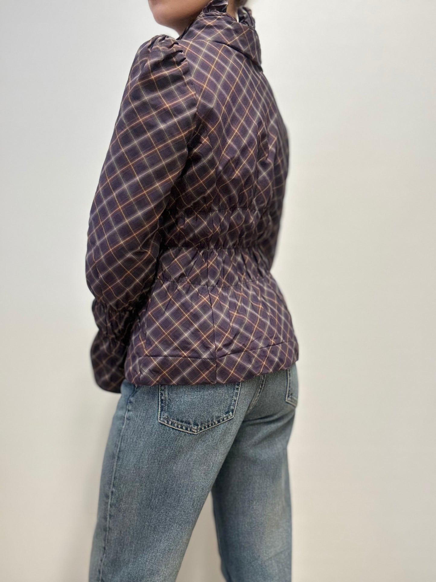 Vintage Gewatteerde Geruite Jas met Roeskraag