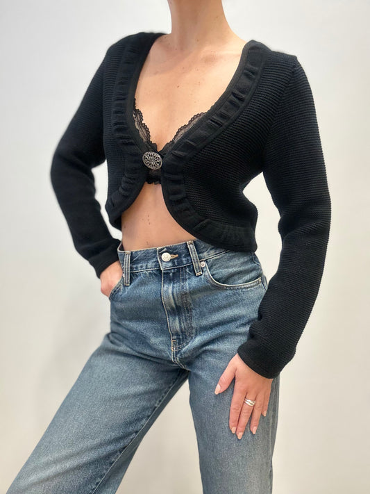 Cropped Black Knit Cardigan with Decorative Button