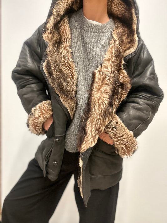 Vintage shearling Jas met Capuchon en Faux Fur Voering in Zwart