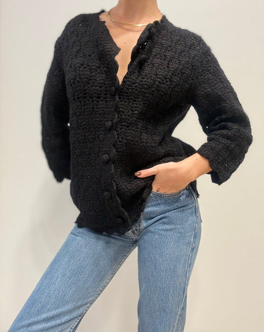 Vintage Hand-Crocheted Cardigan in Black