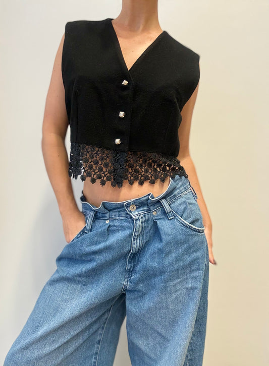 CM Giemme Zwarte Gilet met Kant en Strassknopen