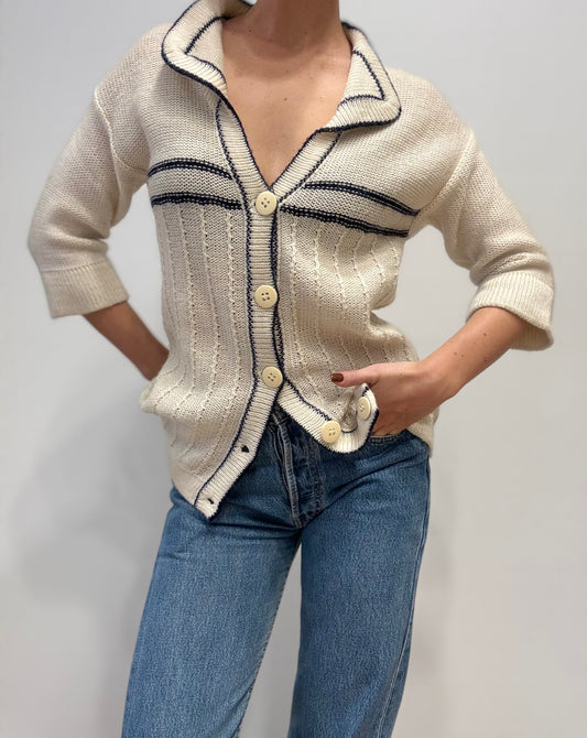 Vintage Crèmekleurig Gebreid Vest met Blauwe Strepen