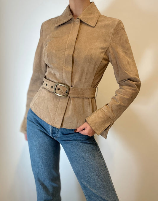 Vintage Suède Jas met Tailleceintuur in Zandkleur