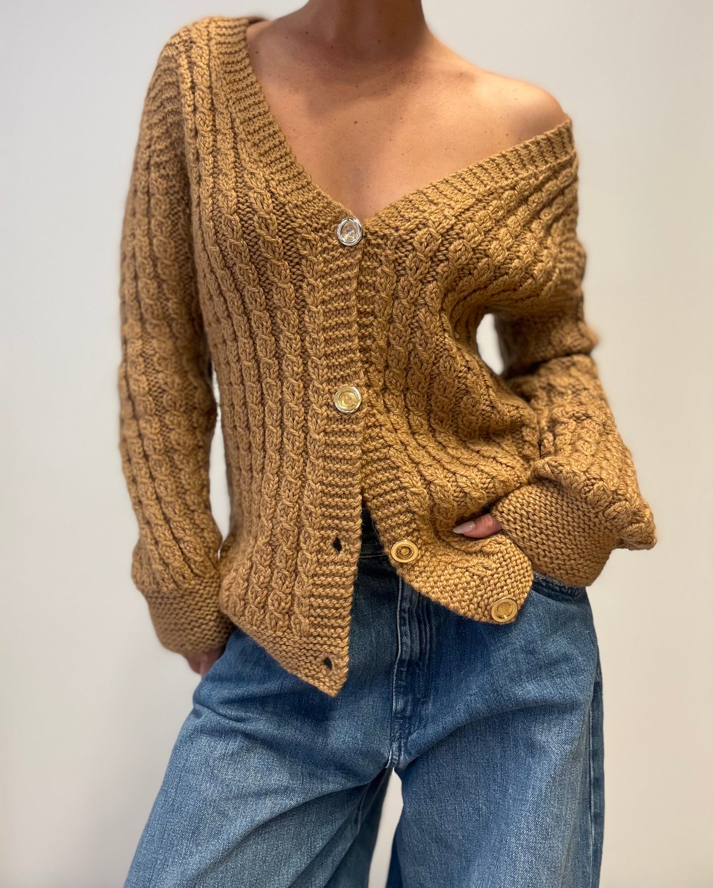 Vintage Cable Knit Cardigan in Caramel Brown