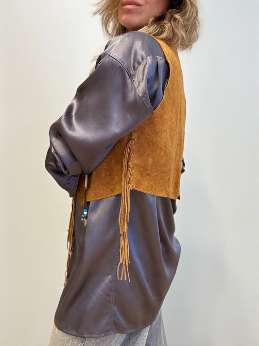 Vintage Suede Fringe Vest with Beaded Accents