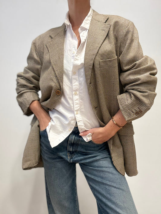 Vintage Burberry Wool & Cashmere Blazer in Houndstooth Beige