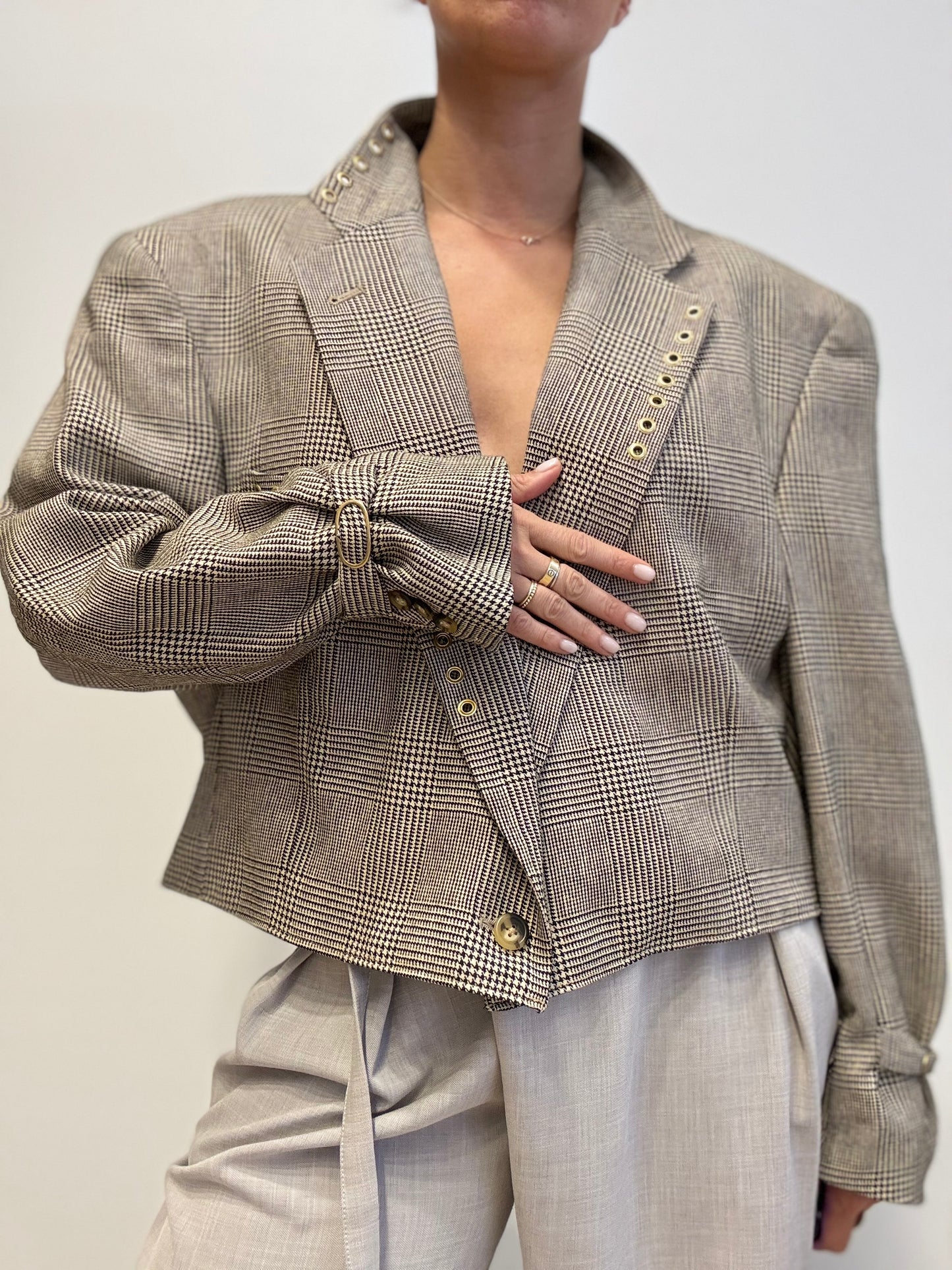 Checked Cropped Blazer with Gold Eyelets – Upcycled by Yenvi Studio