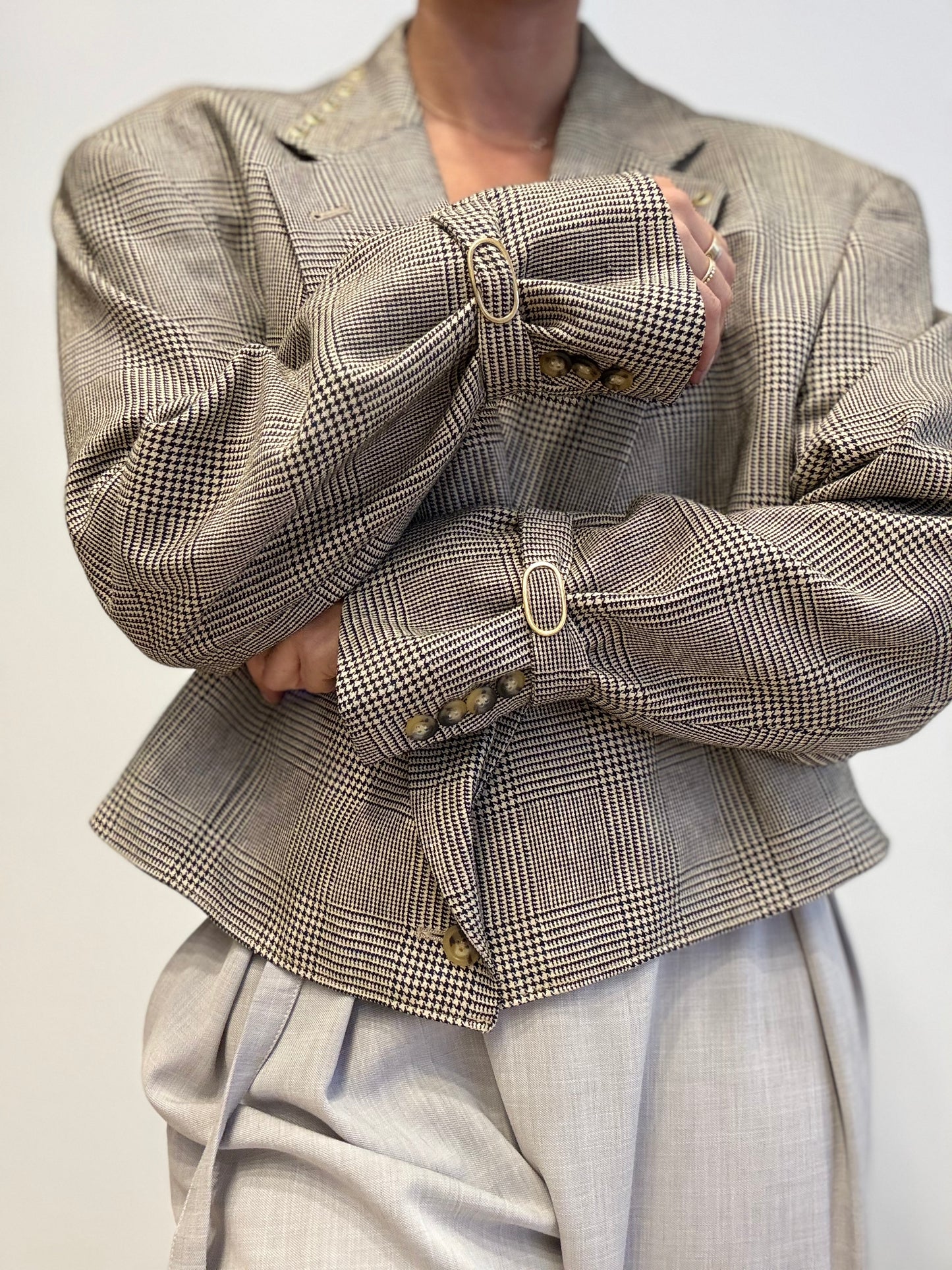 Checked Cropped Blazer with Gold Eyelets – Upcycled by Yenvi Studio