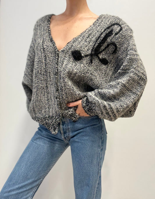 Vintage Grijs-Zwart Handgebreid Vest met Knoopdetail