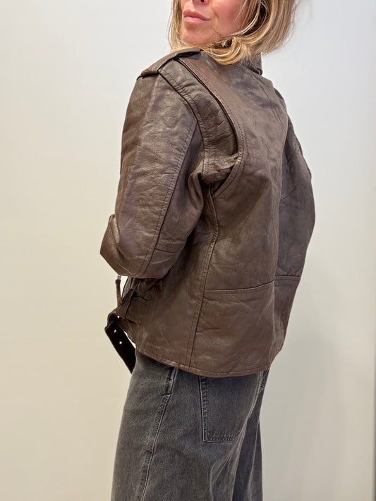 Vintage Brown Leather Biker Jacket – Belted with Silver Hardware