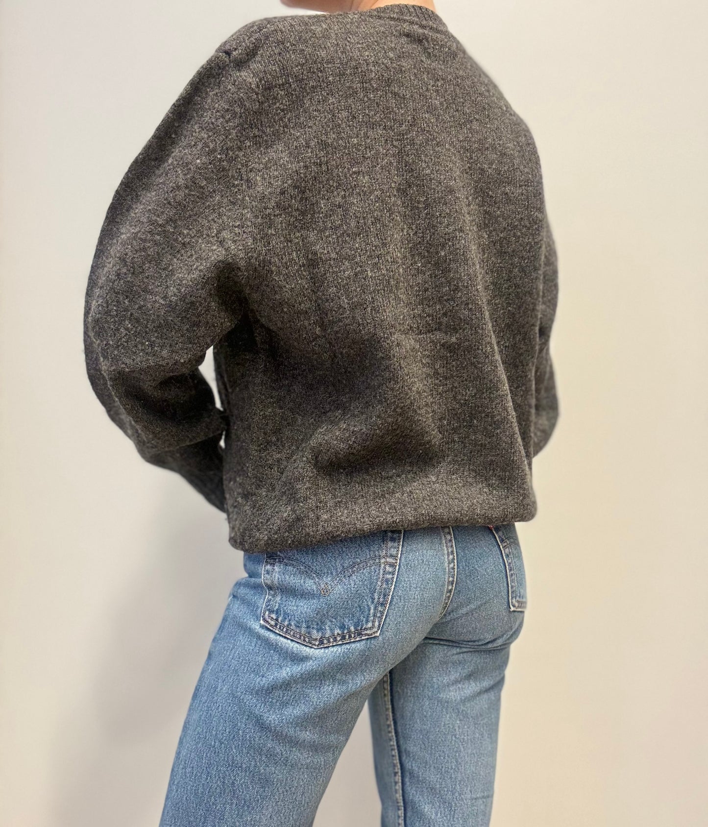 Vintage Wool-Blend Cardigan with Contrast Trim in Charcoal Grey